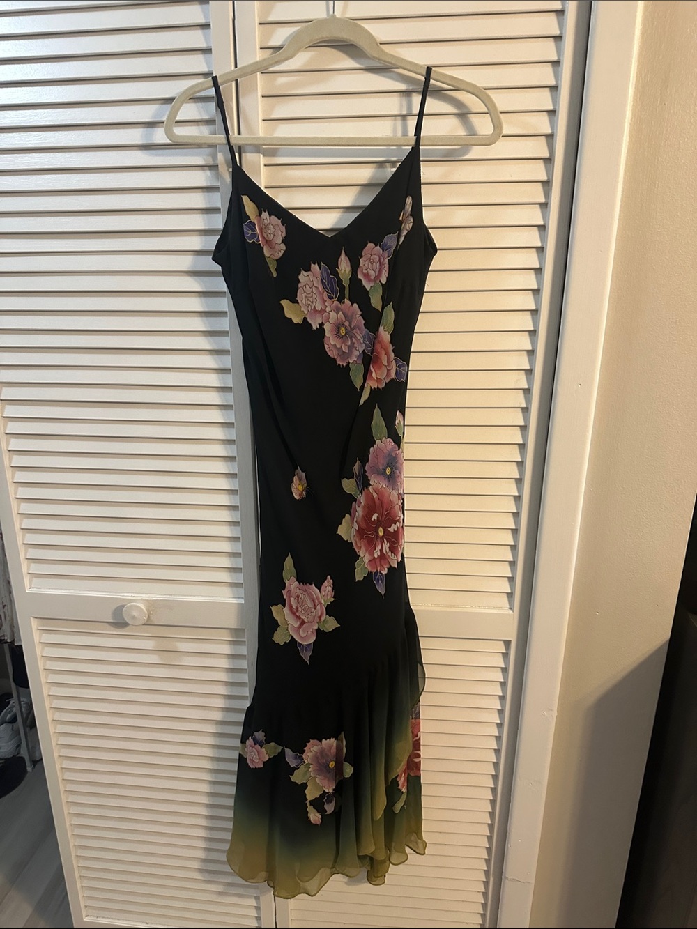Sue Wong Black Floral Slip Dress with Green Ombre Hem